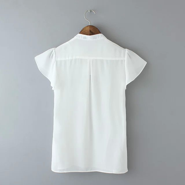 Fashion Summer Women Lace Pleated Office White Chiffon Blouse V Neck Ruffle Sleeve Shirts Casual Brand Camisas Femininas