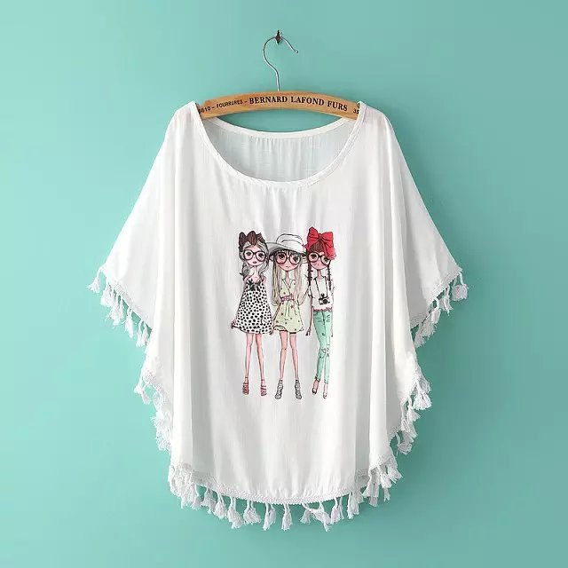 Fashion Summer women Paris Tower Print O neck Tassel Bat Sleeve White T shirt casual Loose brand designer tops