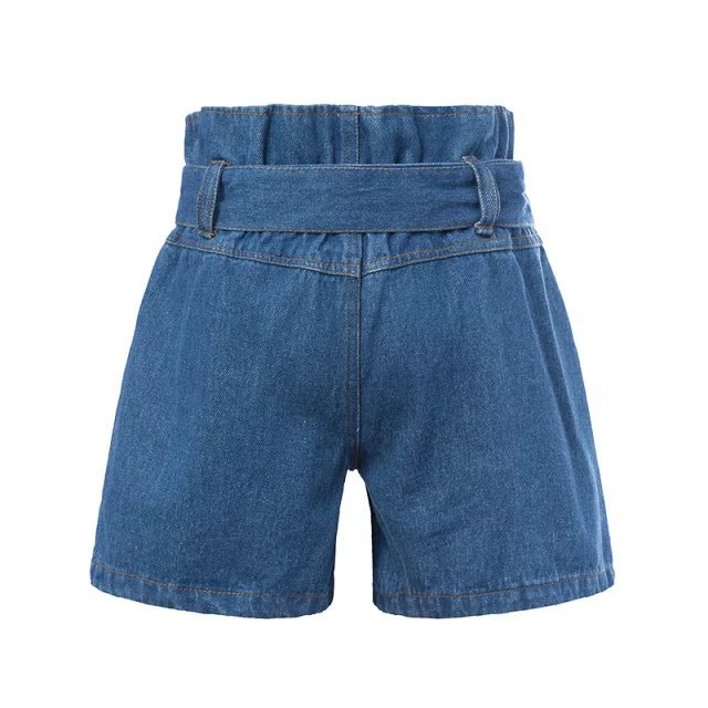 Fashion Women blue denim shorts button knot bow elastic waist pockets shorts causal Female loose shorts