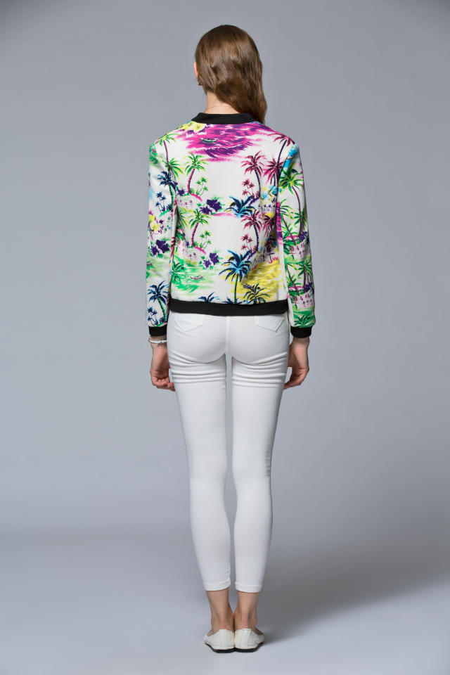 Fashion women colorful tree print coat zipper long sleeve jacket outwear casual slim brand tops