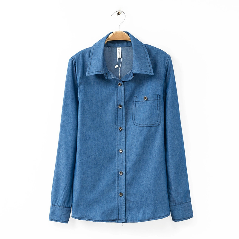 Fashion Women Denim blue Blouse Vintage Turn-down collar long sleeve pocket shirts Casual Brand Tops
