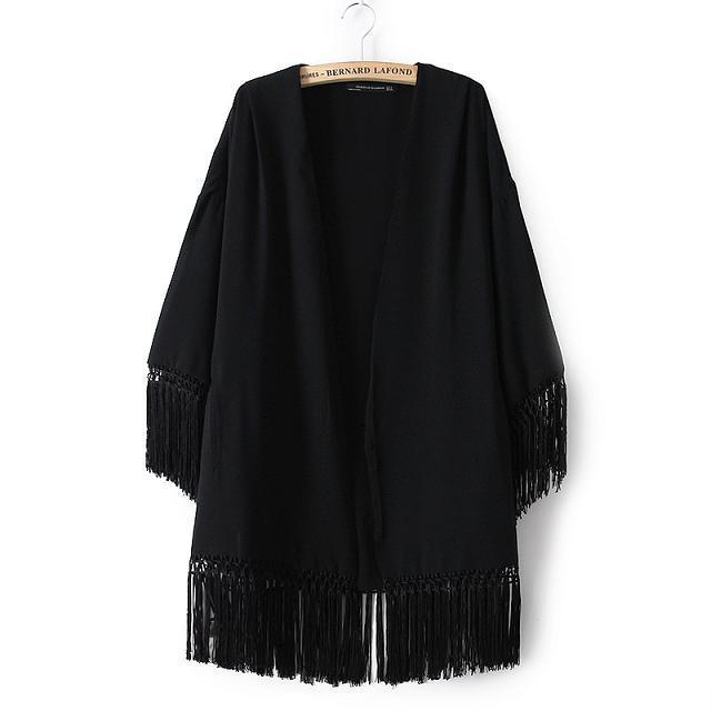 Fashion women elegant black tassel Kimono outwear loose vintage cape coat cardigan casual brand tops