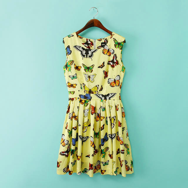 Fashion women elegant butterfly print Dress Vintage O neck sleeveless casual slim evening party brand dress