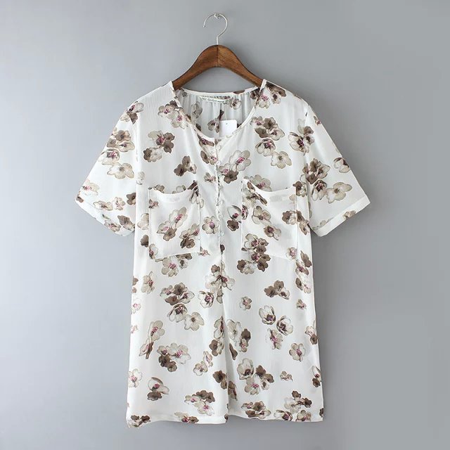 Fashion Women elegant Chiffon Floral print blouses O-neck short Sleeve pocket shirts casual brand Tops
