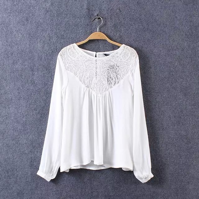 Fashion Women elegant Cotton Linen Mesh Patchwork Embroidery blouses O-neck long Sleeve White shirts casual brand Tops