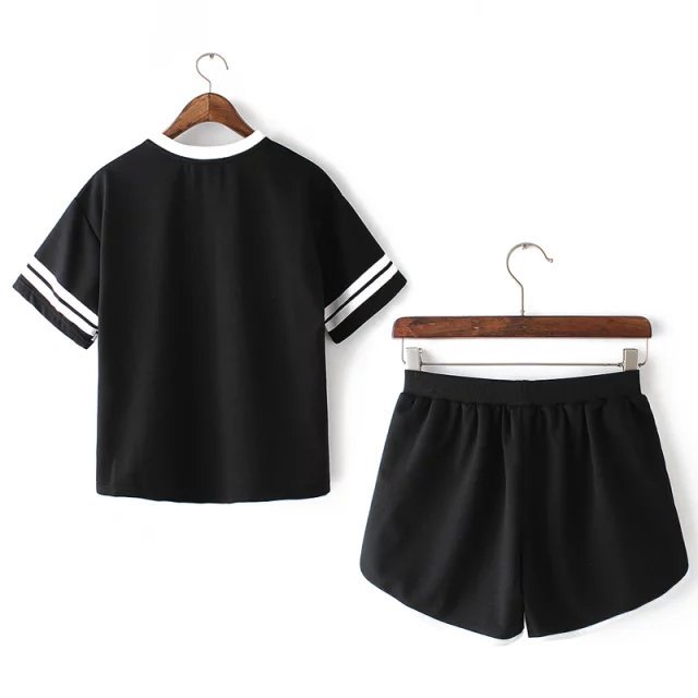 Fashion women Elegant Cotton Sport Set short sleeve T shirt + Shorts Two Piece Drawstring letter print O-neck casual tops