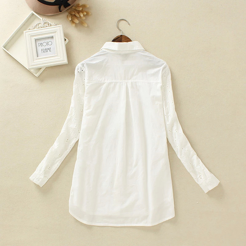 Fashion Women Elegant Embroidery Hollow out blouses Turn down collar long sleeve pocket white shirts casual tops