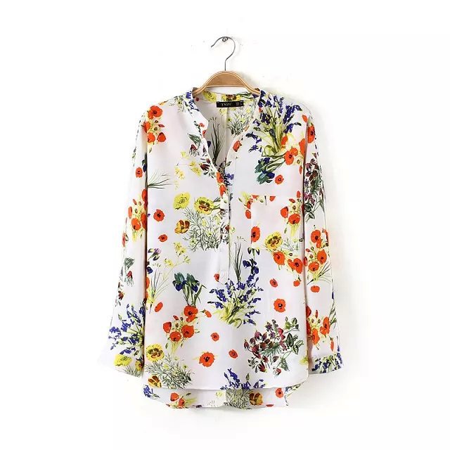 Fashion Women Elegant floral print Irregular Blouses Standing collar long sleeve pocket shirts Casual brand designer Tops