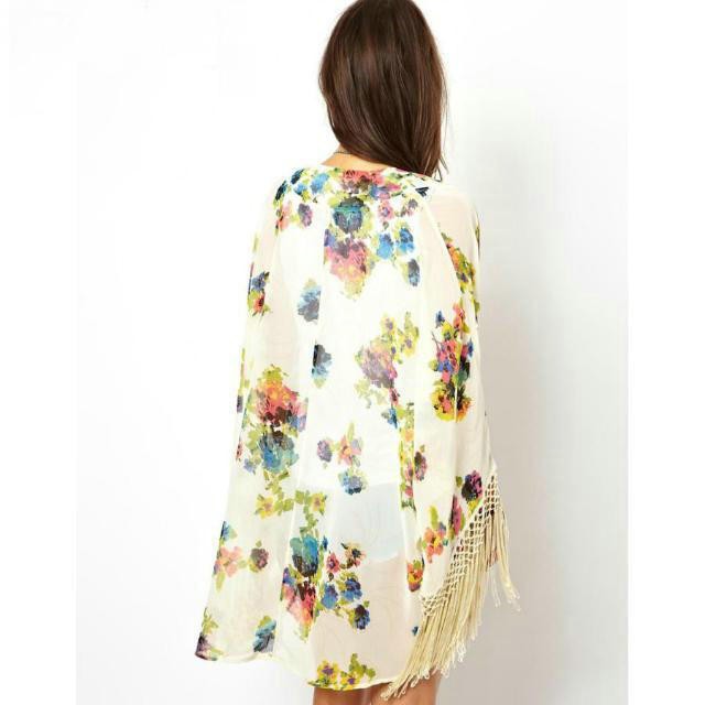 Fashion women elegant floral print tassel beige Kimono outwear loose vintage cape coat casual cardigan brand tops