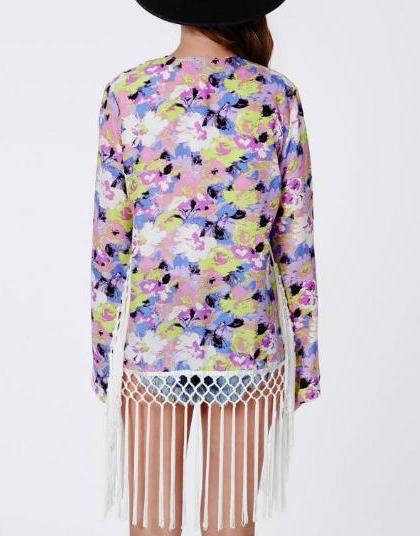 Fashion women elegant floral print tassel Kimono outwear loose vintage cape coat casual cardigan brand designer tops