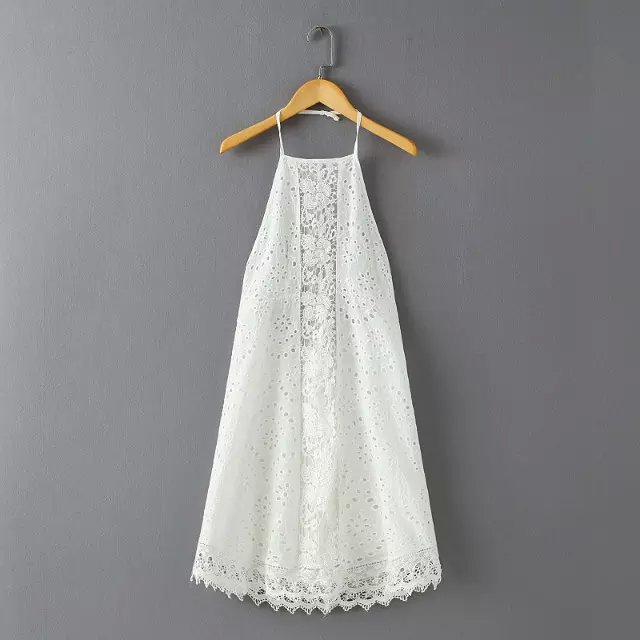 Fashion Women Elegant Hollow out Lace Backless Dress Spaghetti Strap sleeveless white casual dresses