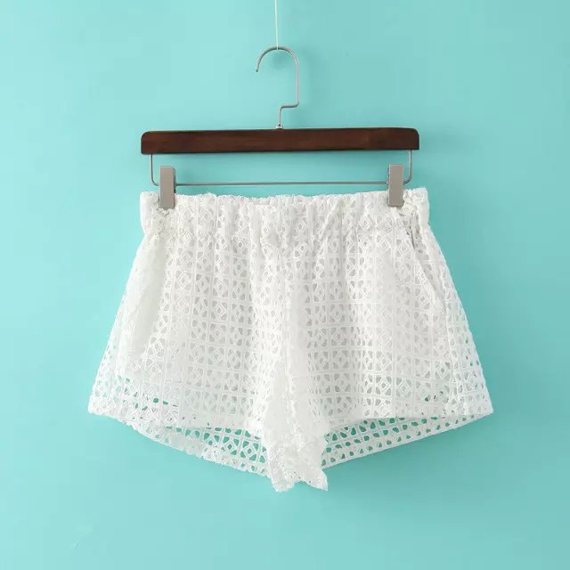 Fashion Women Elegant Lace Hollow out Elastic Waist vintage pockets causal white brand quality Shorts