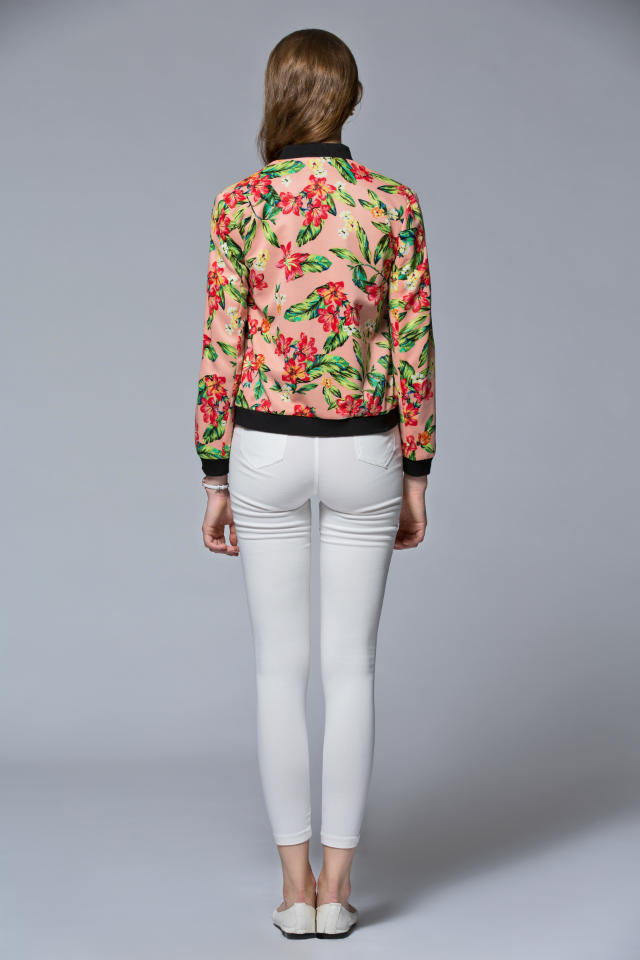 Fashion women elegant leaf floral print short coat outwear zipper pockets long sleeve Jacket casual slim brand top