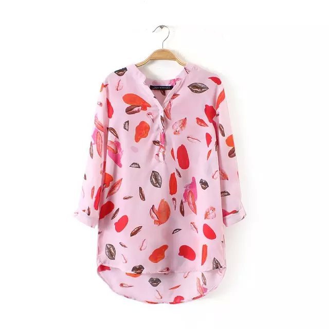 Fashion Women elegant lips print Pink blouses V-neck Half Sleeve shirts casual brand Tops