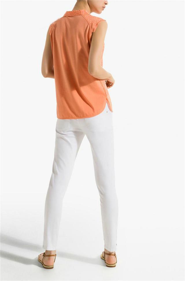 Fashion women Elegant orange dot print patchwork turn down collar sleeveless shirts