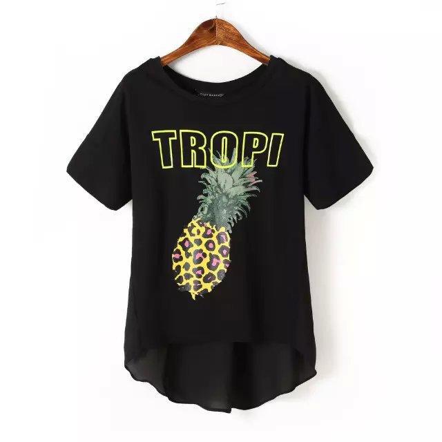 Fashion Women Elegant Pineapple printed Irregular T-shirt O-neck short Sleeve black loose shirts casual tops