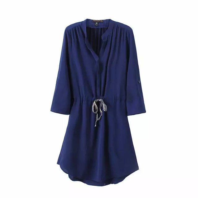 Fashion Women Elegant pleated Elastic Waist Tunic Drawstring Dresses vintage V-neck Three Quarter Sleeve casual dress