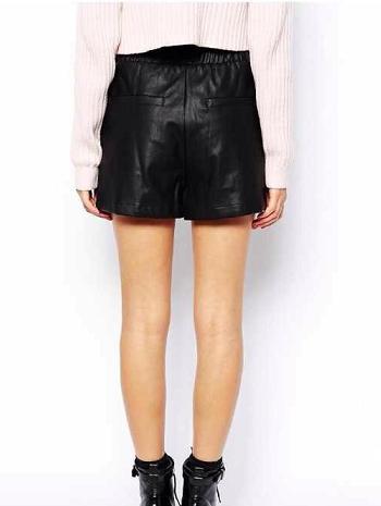 Fashion women elegant PU leather black shorts elastic waist pockets causal Slim brand shorts