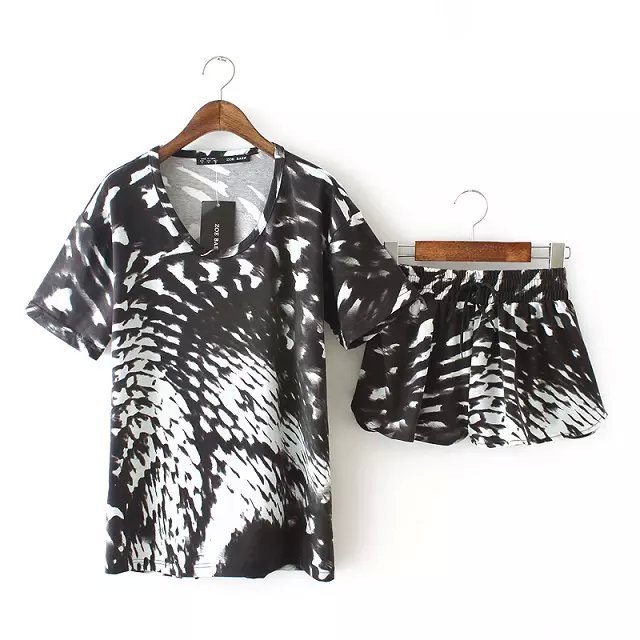 Fashion Women Elegant Punk Style short sleeve T shirt + Shorts Two Piece Drawstring Printed O-neck casual tops