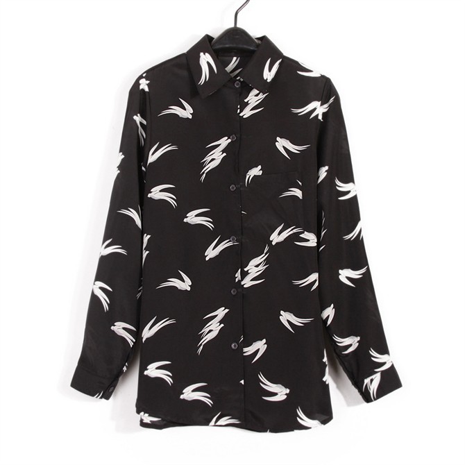 Fashion Women Elegant Swallow Print black Blouses Vintage Turn-down collar long sleeve pocket shirts Casual brand Tops