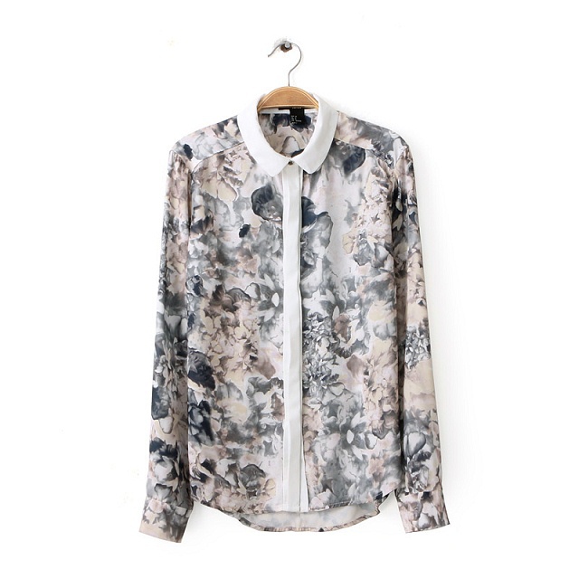 Fashion women elegant vintage ink floral print blouse peter pan collar long sleeve OL shirts casual slim brand tops