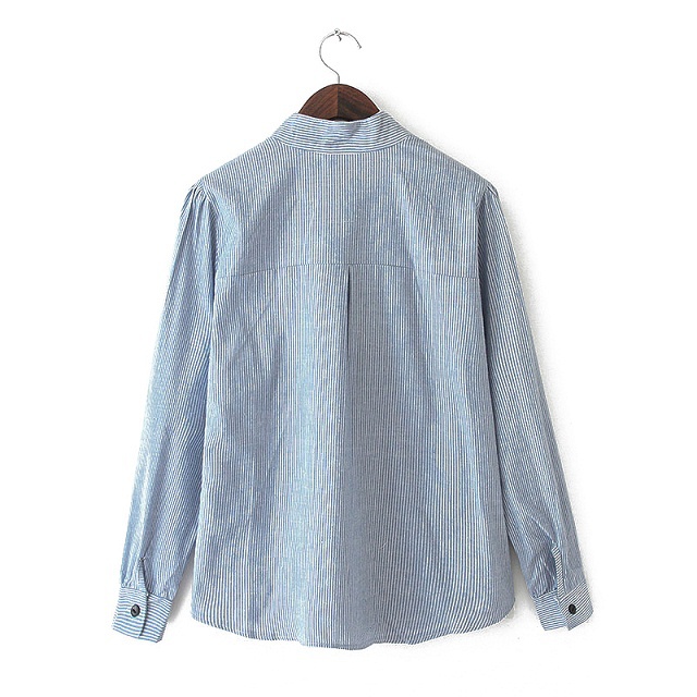 Fashion women Korean Fashion Blue Stripe Bow tie neck office lady Cotton blouses shirts vintage Long Sleeve tops