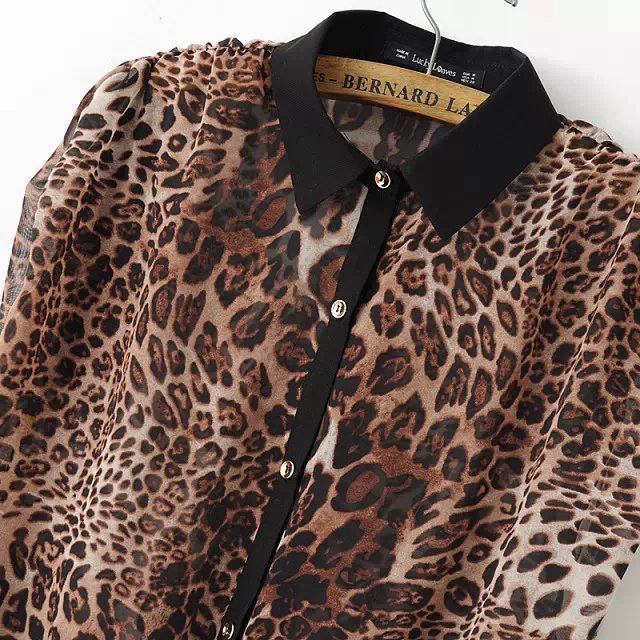 Fashion women sexy leopard print chiffon work blouse shirt vintage turn down collar batwing sleeve blusa feminina
