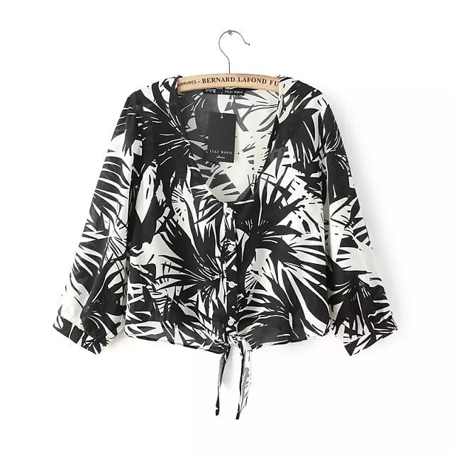 Fashion women V neck tree leaves Floral Print cropped short blouses shirts vintage Three Quarter Sleeve casual Brand tops