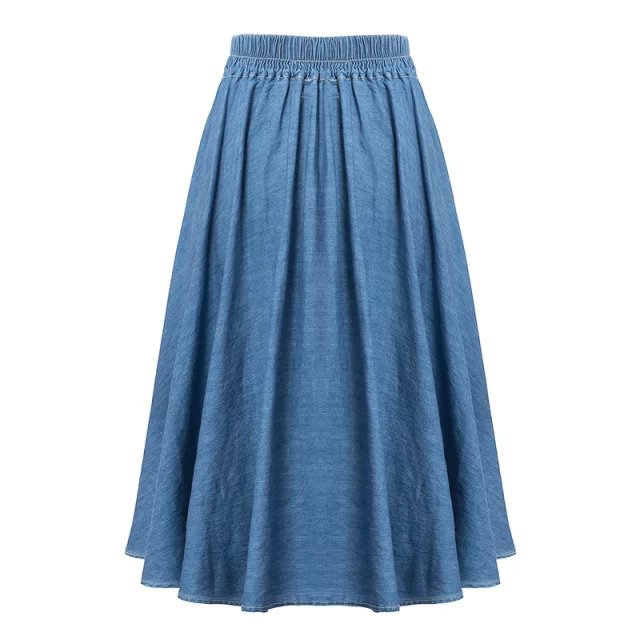 Fashion Women Vintage Elastic Waist Pleated Denim Midi Skirts Blue Button Retro High Waist Casual Female Ms Skirt
