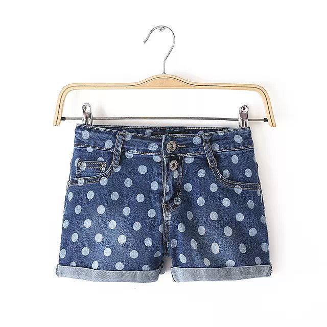 Fashion women vintage Light blue Dots Print denim jean short pants pocket zipper quality causal Slim Female shorts