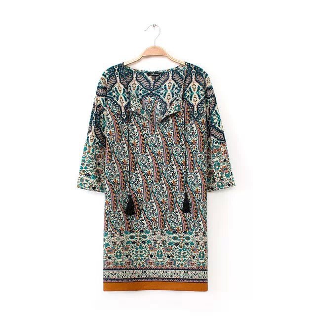 Fashion Womens Elegant Vintage Paisley Floral indian Tassel Blouses O Neck Middle Sleeve Shirts Casual Loose Brand Tops