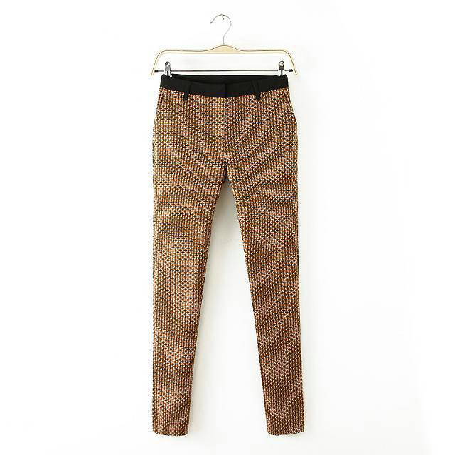 Fashion women's Elegant yellow geometric pattern suit pants leisure pants pockets slim trousers brand designer pants