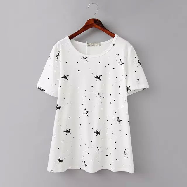 Korean Fashion Elegant Women Five-pointed star printed T shirt O Neck short sleeve Shirts Casual Brand Tops