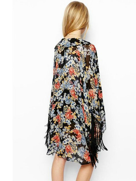 New Fashion Ladies' elegant Floral print Kimono with tassel loose vintage cape coat cardigan casual brand design tops