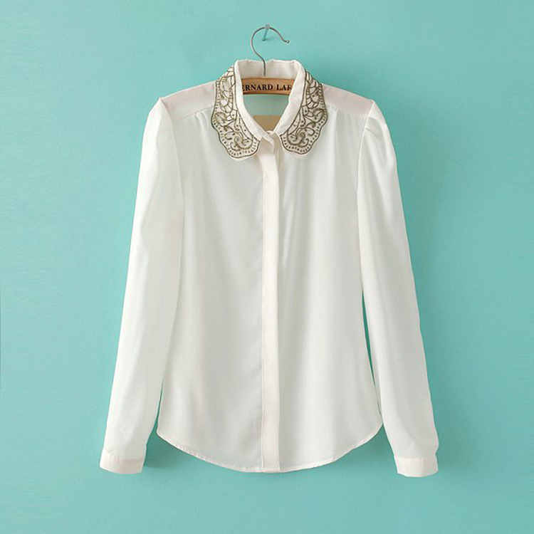 New Fashion women Ladies' elegant vintage lace Gold collar quality blouses OL work Shirts casual shirts slim tops