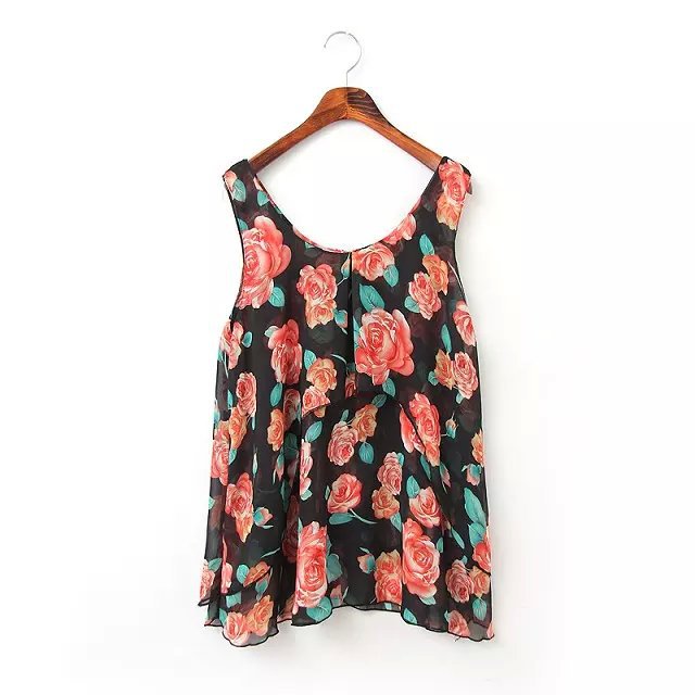 New Summer Fashion Women chiffon floral print sleeveless O-neck Casual brand designer short Tank Crop Tops