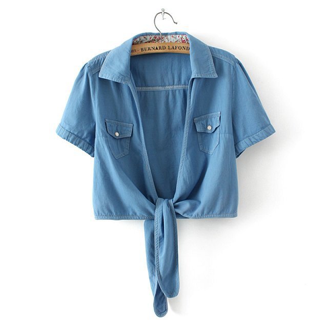Summer Fashion Ladies Elegant pocket Turn down collar short Denim Blouse short Sleeve Shirt Casual Brand Crop Tops