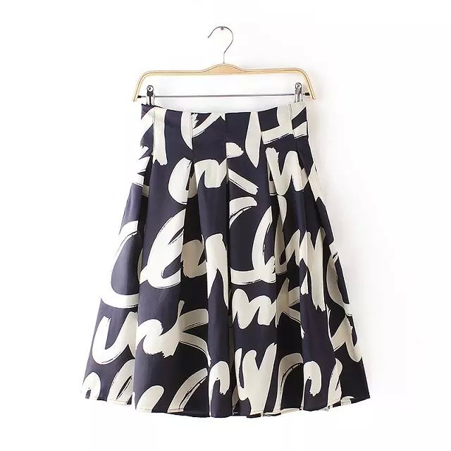 Summer Fashion Women Chiffon Pleated Letter Print black Skirt Casual High Waist Zipper brand Quality Plus Size skirts