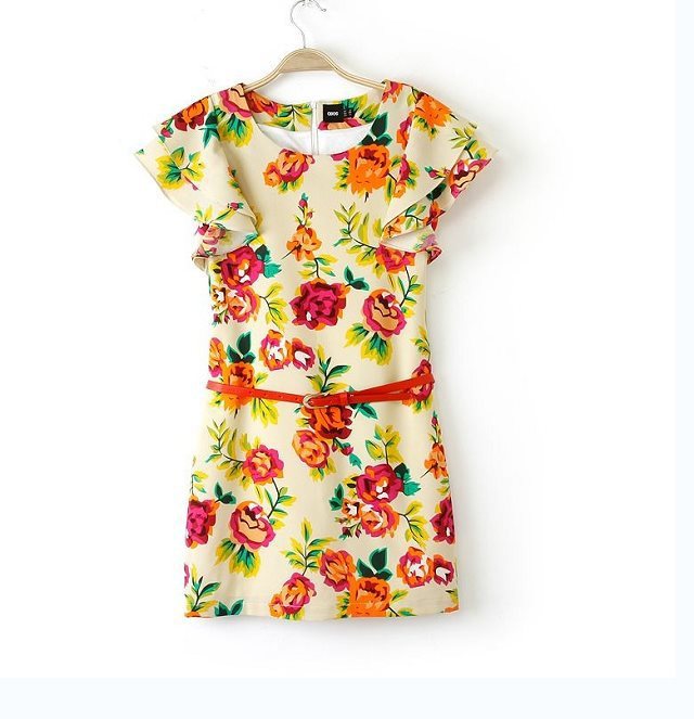 Summer Fashion Women Floral printed Sashes Dresses vintage O-Neck Lotus sleeves Back zipper casual brand dress