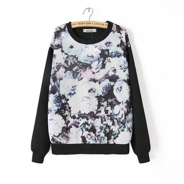 Women fashion elegant ink floral print sports pullovers blouses Casual slim O neck long Sleeve shirts brand Tops