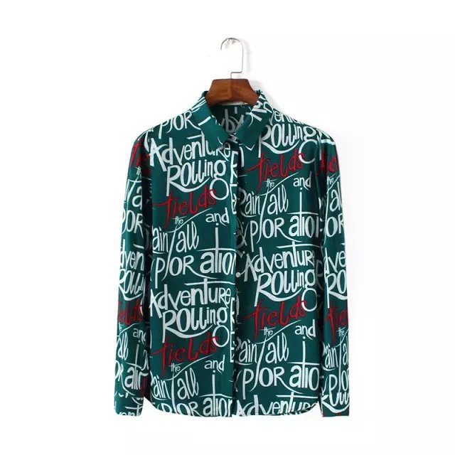 Autumn Fashion women letter print vintage office Turn-down collar Long Sleeve Cotton Blouse Long Sleeve casual Brand tops