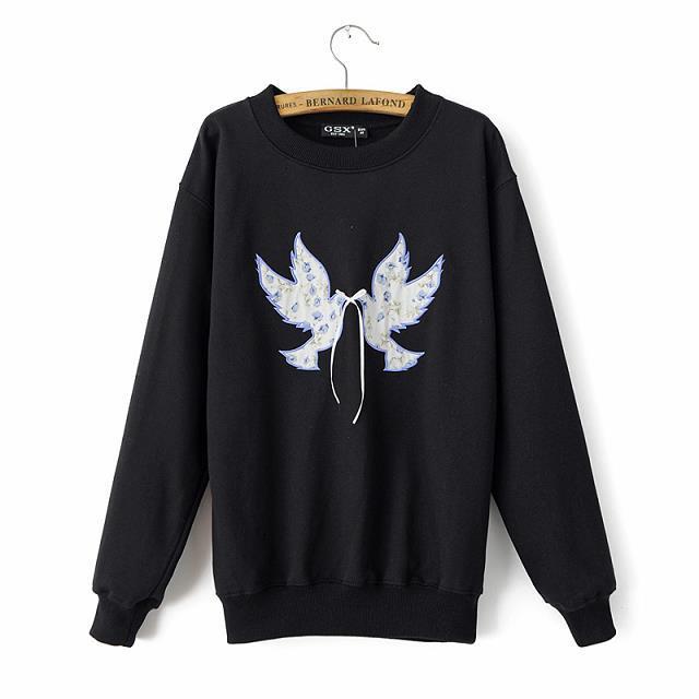 Autumn Fashion Women Peace Pigeon pattern Patch Black pullovers Casual long Sleeve brand sweatshirts moleton feminino