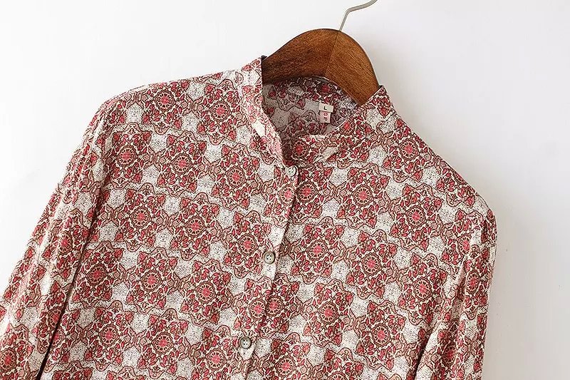 European Fashion women Geometric red flower print Standing collar blouses shirts vintage Long Sleeve casual Brand tops