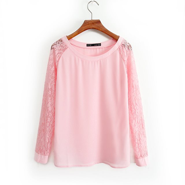 Fashion Autumn women Elegant Lace Long Sleeve Pink T-shirt basic O neck shirts casual Fit tops camisetas