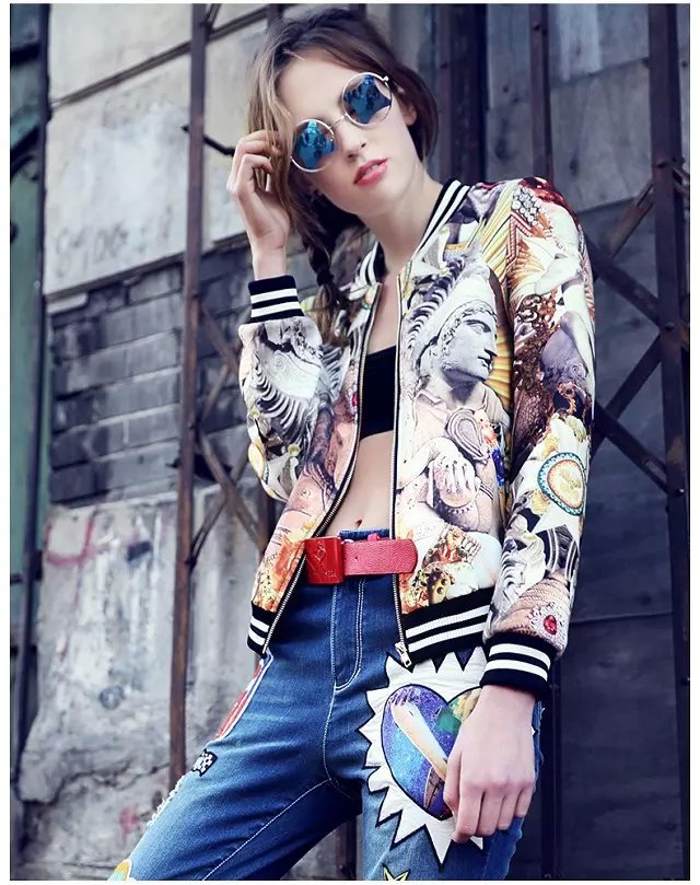 Fashion European Autumn Floral print coat outwear zipper pockets Standing collar Jacket casual casaco feminino feminina