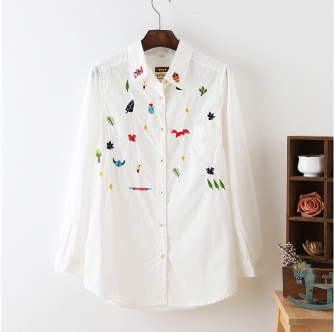 Fashion Ladies' cartoon animal and leaf embroidery soft cotton blouse elegant long sleeve stylish Shirt casual slim tops