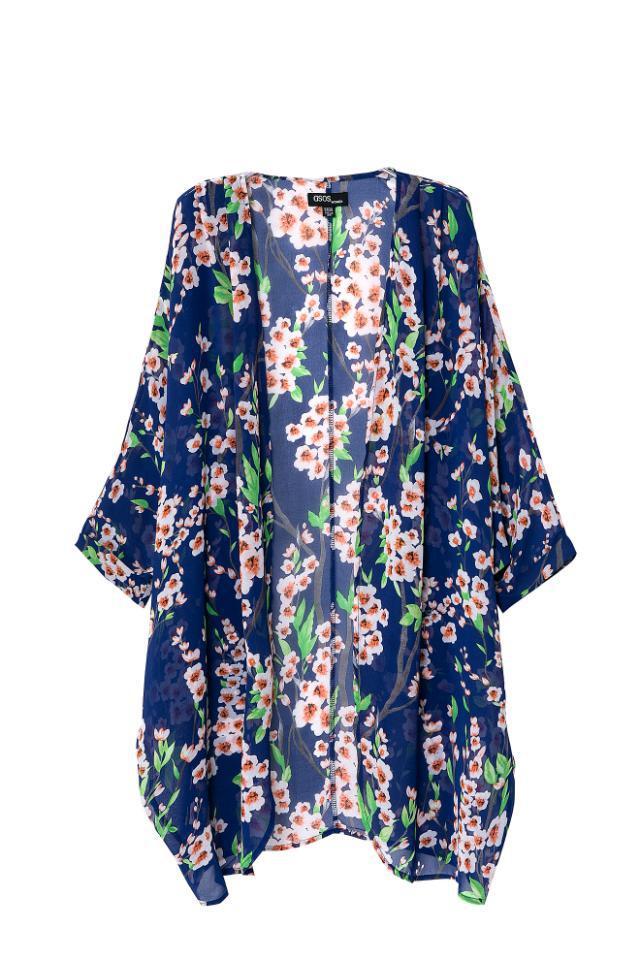 Fashion Ladies' elegant blue floral print loose Kimono cape non-button coat outwear vintage casual Cardigan brand tops