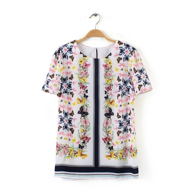 Fashion Ladies' Elegant butterfly floral print blouses Short sleeve O Neck shirt casual slim brand design top
