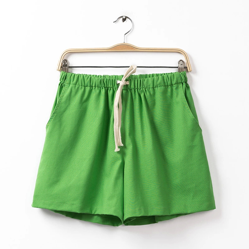 Fashion Ladies Elegant Cotton Linen Drawstring elastic waist casual brand design pocket shorts