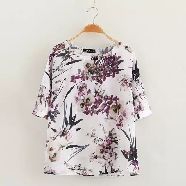 Fashion Ladies' elegant Leaf floral print blouse shirt O neck Short sleeve shirts casual slim brand tops